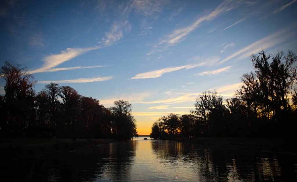 A small boat silhouetted on a Gainesville running club waterway at sunset, flanked by trees draped in Spanish moss.